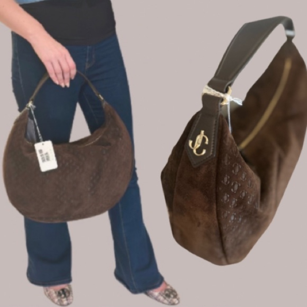 NWT Jimmy Choo Bets L Chocolate/Light Gold Suede JC Repeat Pattern Hobo Bag